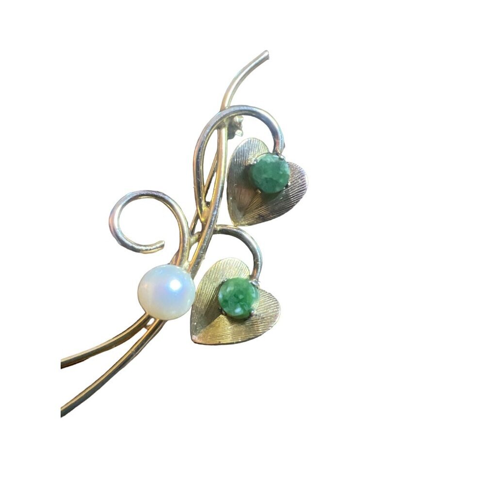 Bojar Gold 12k Filled Brooch Faux Pearl Jade Flower Art Nouveau Brooch